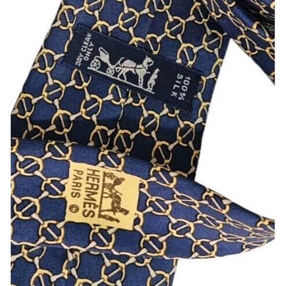 HERMÈS Men's 100% Silk Necktie LUXURY Tie 7059 TA Blue Horse Bit W:3.2" EUC - Picture 3 of 4